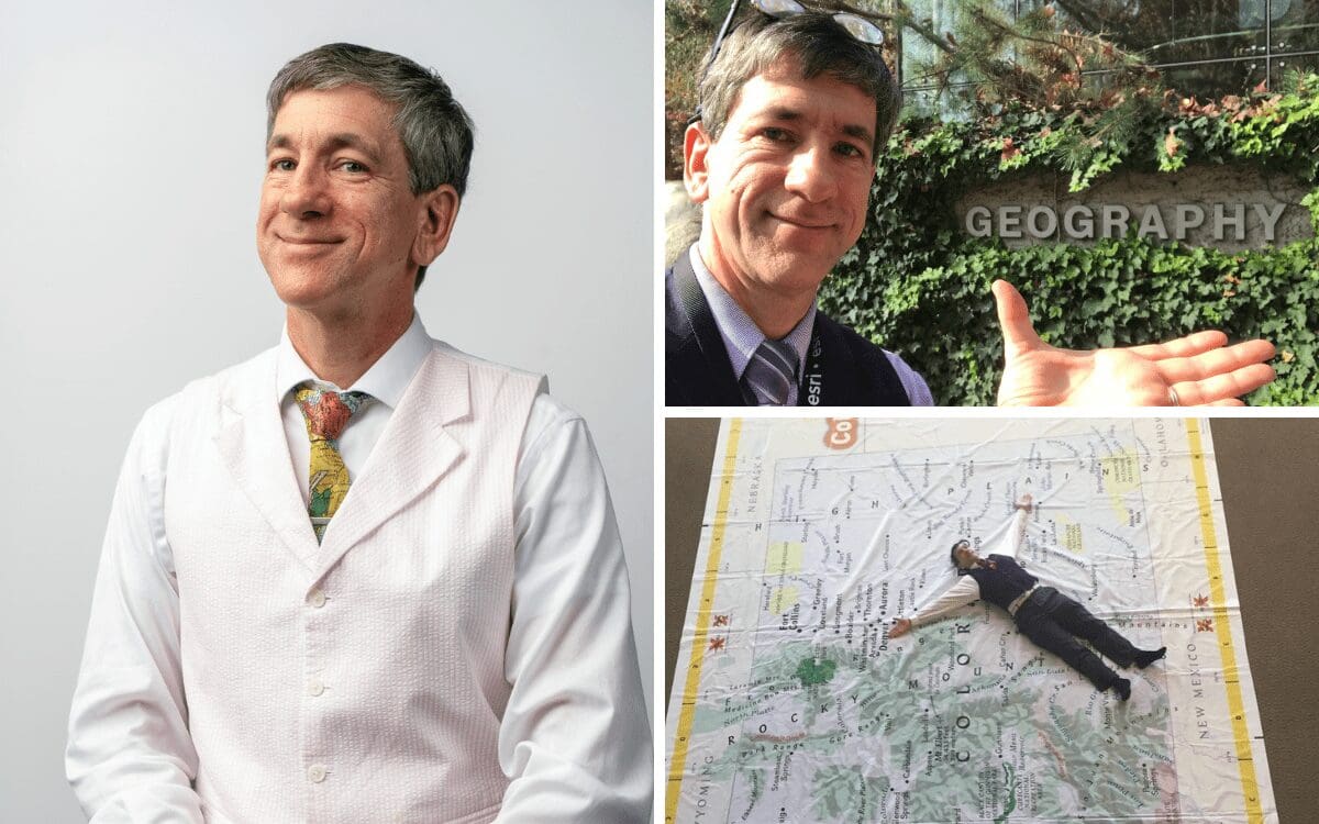 Collage of three images: Joseph Kerski's official headshot where he smiles into the camera wearing a map-themed tie; Kerski in a nevy vest gesturing to a large outdoor sign saying 'Geography," and Kerski laying stretched out on an oversized map.