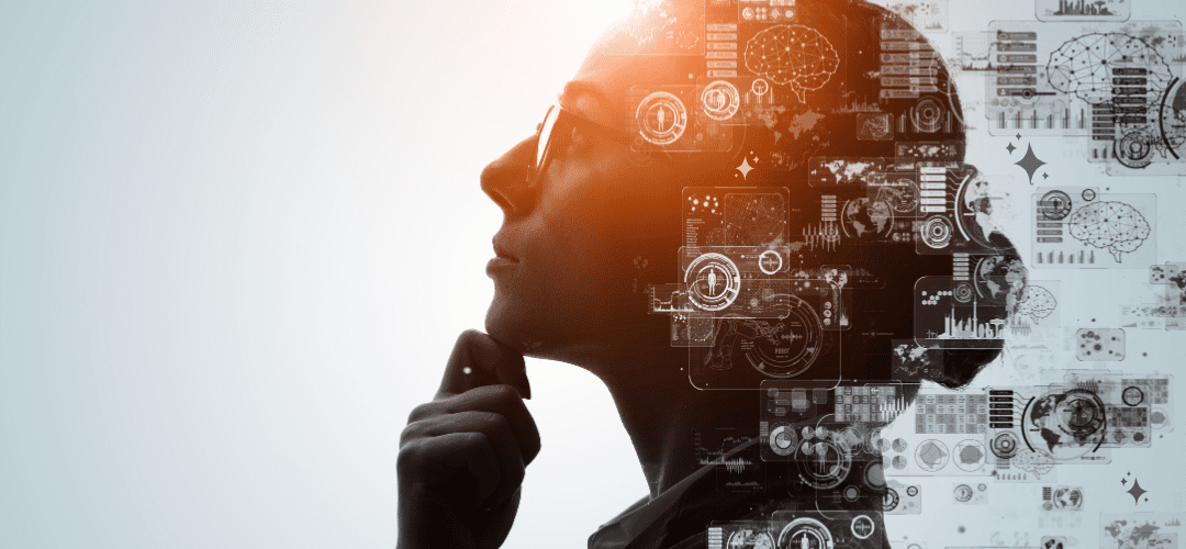 A woman in thought, with symbols of AI surrounding her head